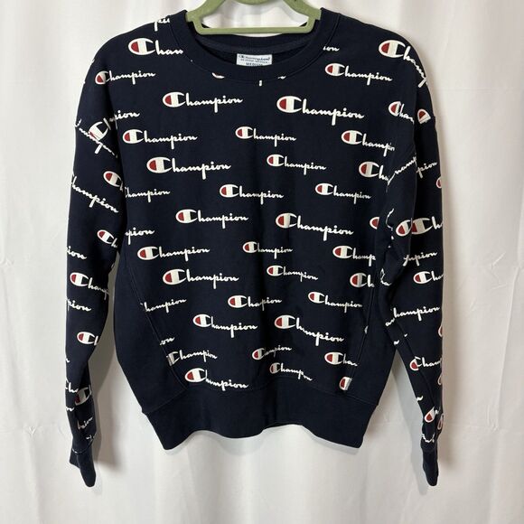 Champion Women’s Sm Reverse Weave Crew Sweatshirt Blue Logo Spellout Athleisure - Picture 3 of 8